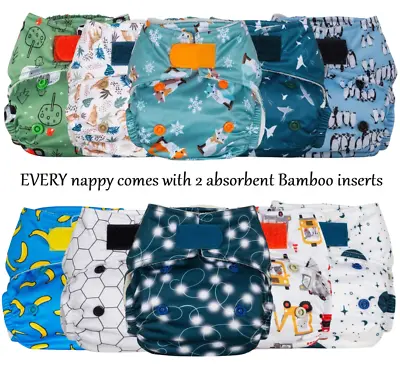 5 X Reusable Nappies And Inserts Adjustable Cloth Popper Newborn Pocket Washable • £19.95