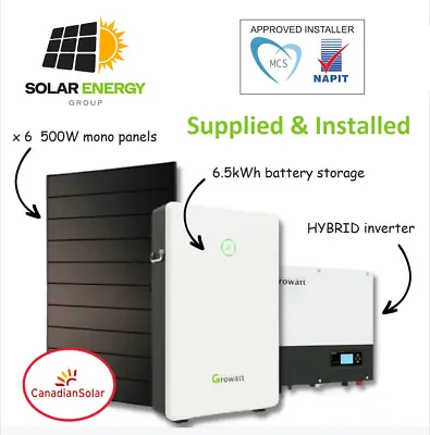 3kW 3000W Solar PV 6 X Panel System With 6.5kWh Battery Storage Fully Installed • £6750