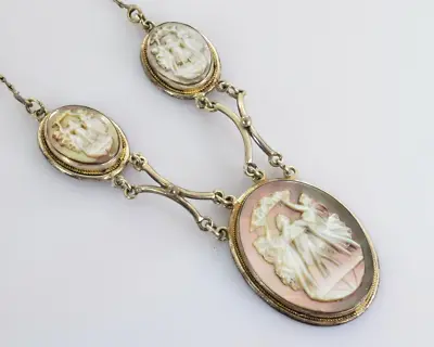 Vintage Three Muses Mother Of Pearl Cameo Necklace 800 Silver • $237.99