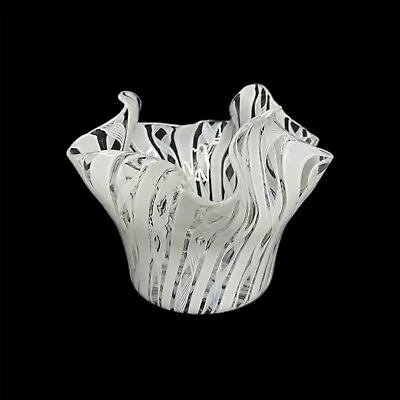 Vintage Murano White Ribbon Latticino Art Glass Handkerchief Vase 4.5in Tall • £53.01