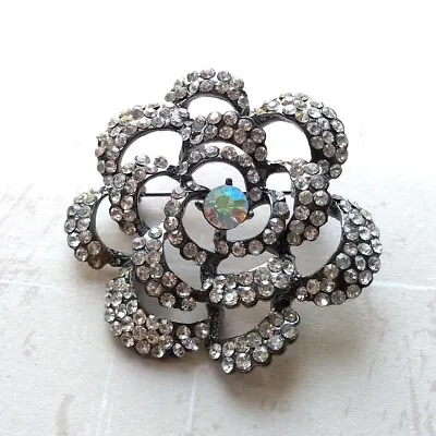 £8.99 • Buy Dark Silver Tone Metal Pave Clear AB Crystal Flower Dress Brooch Bridal Wedding 
