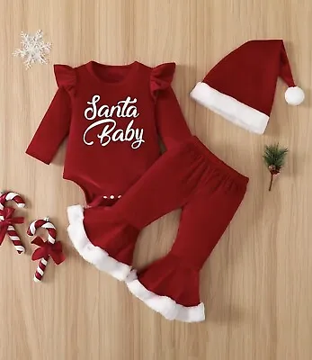 Baby 3-6 Mnths Santa Baby Red Velvety 3pc Suit Christmas Bodysuit Hat Pants Cute • £21.99