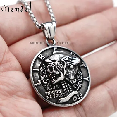 MENDEL Gothic Mens Stainless Steel Coin Biker Skull Punk Pendant Necklace Men • $11.99