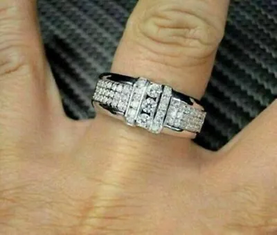 Men's Round Cut Lab Created Diamond Pave Wedding Groom's 925 Silver Gift Ring • $208.29