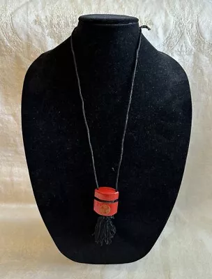 Vintage Chinese Red Lacquer Box With Lid Necklace - Black Cord Cinnabar Red • $5.95