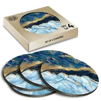 £7.99 • Buy 4 X Boxed Round Coasters - Marbled Art Effect Blue Gold Marble  #21152