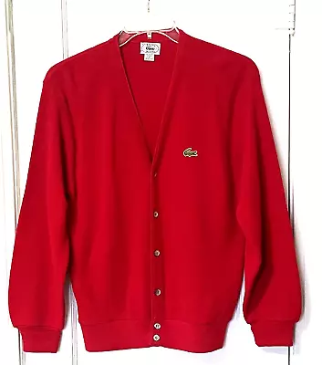 Vtg  Men's Med. Dad Mr Rogers Cardigan  Red Acrylic Lacoste Sweater  USA Cobain • $69