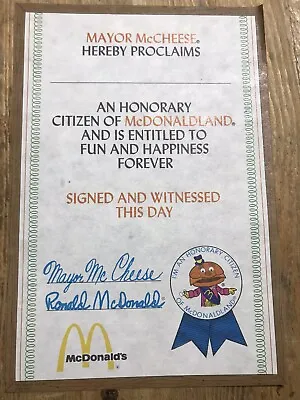 5 Pack Of 1970s McDonald’s Honorary Citizen Of McDonaldland Certificate • $20