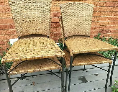 $120 • Buy 2 Stackable Retro 90s Metal Wicked Weave Rattan High Back Dining Chairs Natural