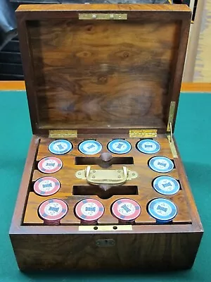 Set REAL CASINO CHIPS $1 $5 Poker Cash Game Burl Wood Antique Box Chip Castle • £723.15