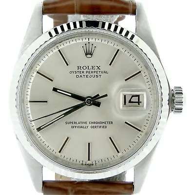 Rolex Datejust Men Stainless Steel 18K White Gold Watch Silver Dial Brown 1601 • $3869.98