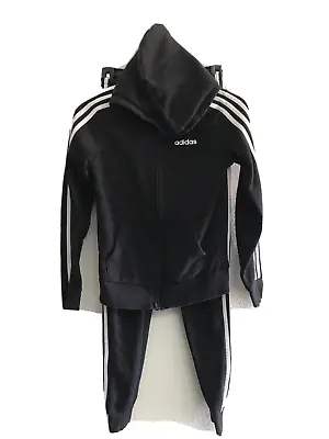 Adidas Black Track Suit 2 Piece Women XXS Hood Zip Pockets 3 Stripe Cotton Blend • $55