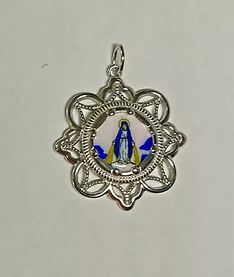 Sterling Silver Enameled Miraculous Virgin Mary  Milagrosa  Filigree Medal • $89