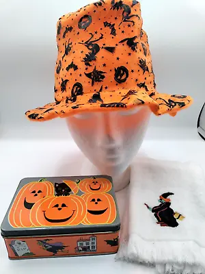 Black Cat Pumpkin Halloween Tin Adult Small Hat Witch Towel VTG Lot 1980s 1970s • $5.60