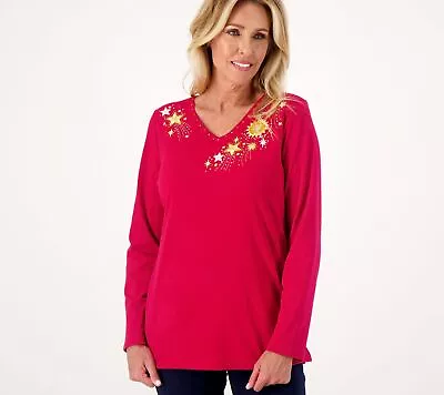 Quacker Factory Women's Top Sz M Celestial V-Neck Long Sleeve Red A563738 • $18.91