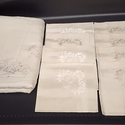 Damask Woven Tablecloth 80” X 60” Beige And 8 Matching 18  X 17  Napkins Vintage • $35.95