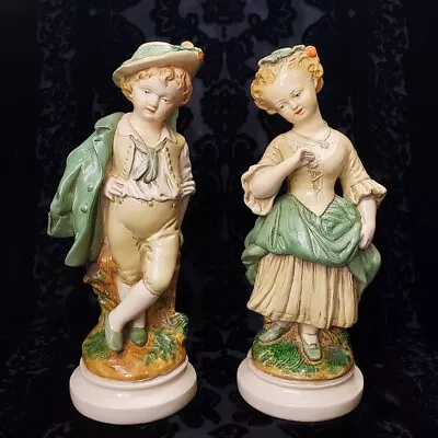 Vtg Italian Borghese Boy & Girl Statue Chalkware Sculptures 10.75  Niepold's • $58