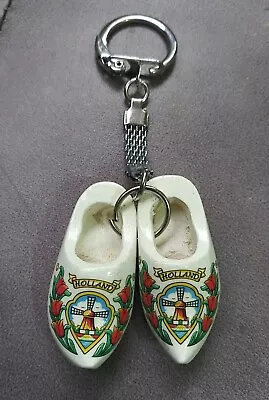 $1 • Buy Vintage Wooden Shoe Clog Keychain From Holland - White W / Windmill & Flowers