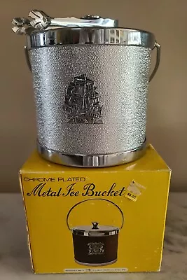 Vintage Chrome Plated Metal Ice Bucket With Tongs & Original Box Made In The USA • $25