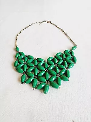 $19 • Buy J Crew Bib Floral Statement Necklace Green Beads Silver Tone 