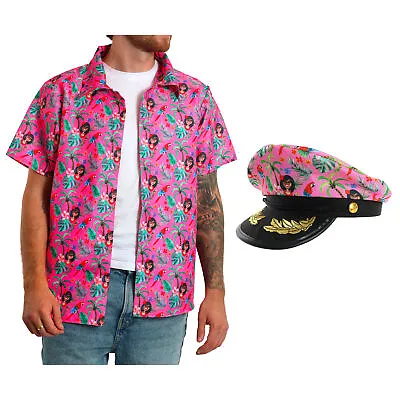 Pink Hawaiian Shirt & Hat Unisex Tropical Summer Beach Stag Do Hen Party Holiday • £9.99