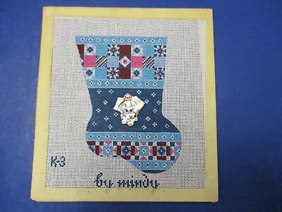 Mindy Handpainted Needlepoint Canvas Miniature Patchwork Stocking W/ Button • $34