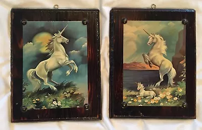 Vintage 80s Lacquered Wood Unicorn Wall Art 7x9 Lot Of 2 Fantasy Whimsy Decor • $32
