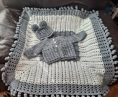 £25 • Buy Hand Knitted Crochet Baby Blanket / Shawl/pram / Crib And Cardigan And Hat Set 