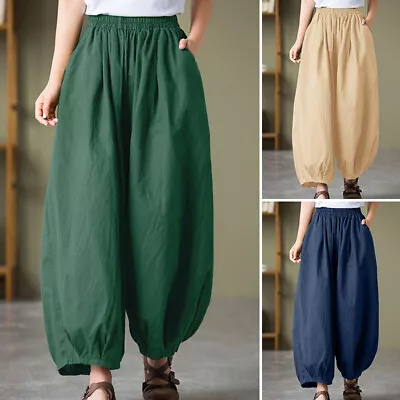 ZANZEA Women Elastic Waist Pockets Casual Loose Harem Pants Long Carrot Trousers • $31.34