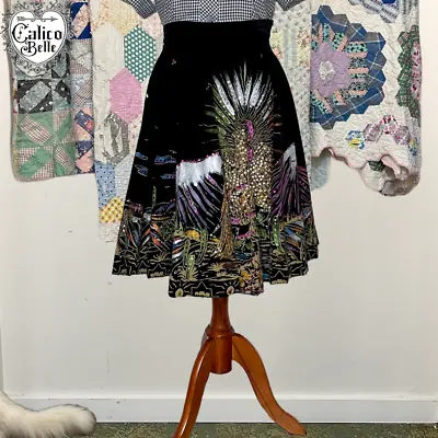 Vintage 50s Black Velvet Mexican Painted DESERT Cactus Print Circle Skirt Size M • £190.91