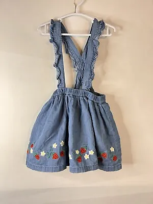 Mini Boden Chambray Strawberry Embroidered Jumper Dress Skirt Ruffle 2-3Y Spring • $34.99