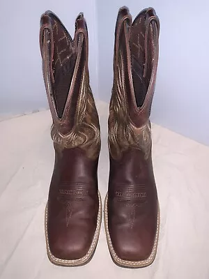 Durango Men’s Leather Cowboy Boots Brown/Vintage Western Square Toe Pull On 10.5 • $90