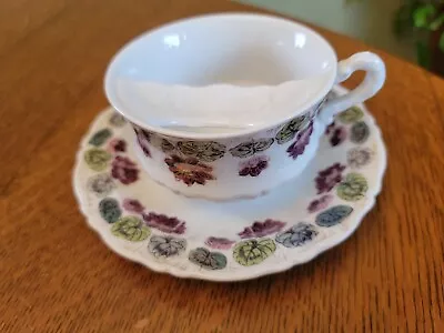 C. Tielsch Altwasser Germany 1890-1914 Mustache Teacup Saucer Set Purple Flowers • $20.99