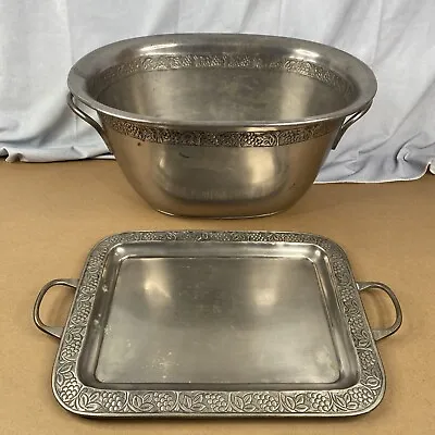 Vintage Pottery Barn Pewter Grapevine Party Drink Ice Bucket & Silver Platter • $199.99