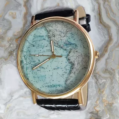 Vintage North & South America Map Watch Gold Tone Black Faux Patent Leather Band • $34.99