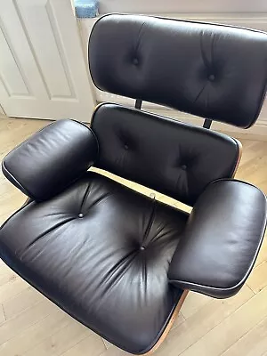 Eames Style Brown Leather Lounge Chair / Armchair & Ottoman With Walnut Wood • £450