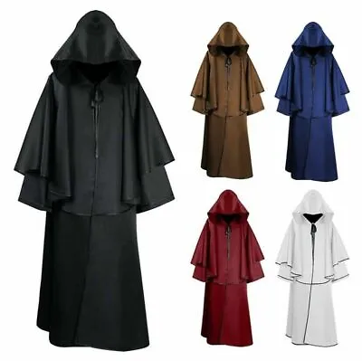 Mens Medieval Hooded Long Robe Cloak Monk Cosplay Costume Poncho Coat Halloween • $38.94