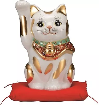 Maneki Neko KUTANI YAKI WARE Japanese Lucky Beckoning Cat Gold Red Mat 21.3cm • $512.90