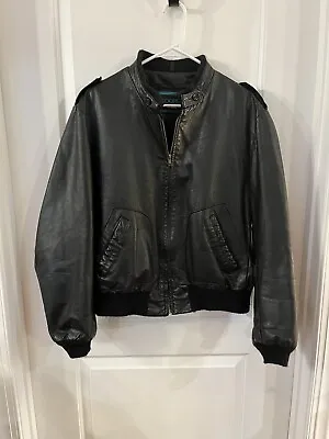  VTG COOPER Black Leather Motorcycle Bomber Racer Jacket Mens 44 LARGE • $35.10