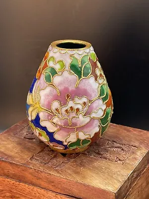 Miniature Chinese Cloisonné Vase Decorated W/  Flowers & Gold Lining Vintage • $24