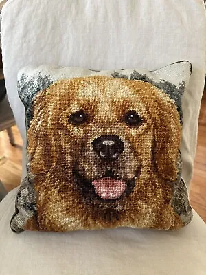 Wool Needlepoint Yellow Labrador Dog Pillow Green Velvet Back Handmade 12x12” • $70