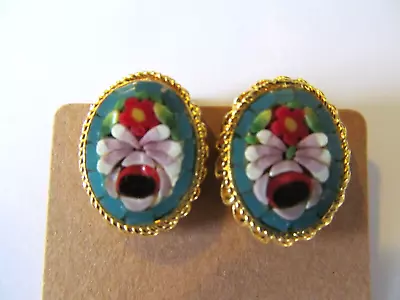 Vintage Italian Micro Mosaic Large Oval Shape Flora Gold Plated Clip On Earrings • $14.99