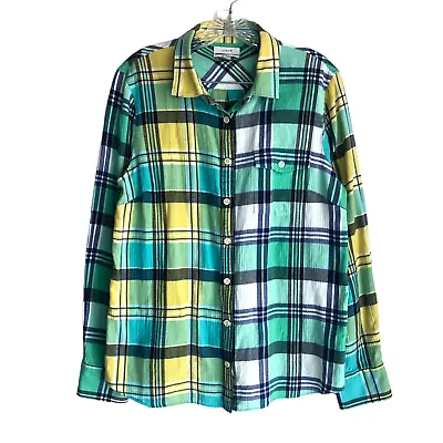 J Crew Women's Flannel Shirt Size 12 Boy Fit Plaid Stretch Long Sleeve Green • $18.12