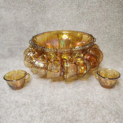 Vtg Carnival Indiana Glass Punch Bowl 12 Cups Set Iridescent Gold Funky Unique • $56