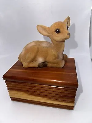 Vintage Wood Trinket Box With Flocked Baby Deer Doe • $19.99