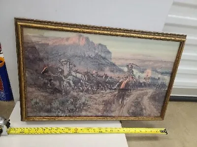 Charles M. Russell Lithograph Print Framed 24  X 16  (Image) Wagon Trail Whip • $179.99