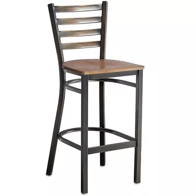 Distressed Copper Ladder Back Metal Restaurant Barstool With Vintage Wood Seat • $159.95