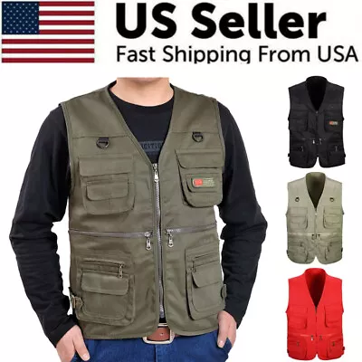 Mens Cargo Multi Pocket Utility Vest Fishing Hiking Camping Gilet Waistcoat Tops • $18.99