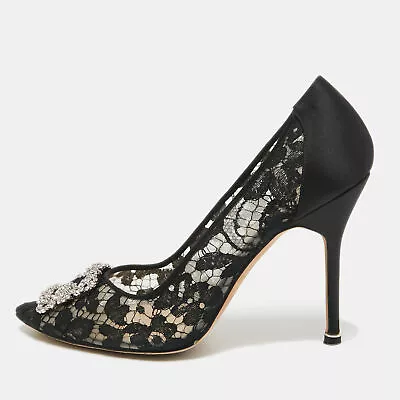 Manolo Blahnik Black Lace And Satin Hangisi Pumps Size 40.5 • $393.75