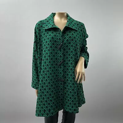 Ali Miles Jacket 1X Women Green Geometric Long Button Toggle Collared Tunic Coat • $45